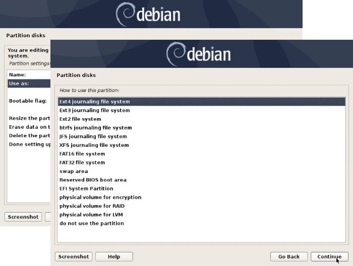 Assigning the ext4 file system to a Debian partition