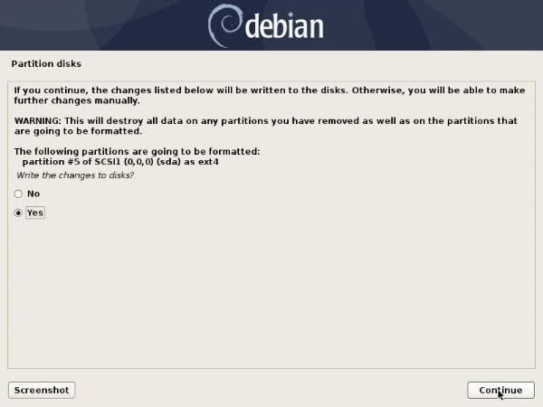 Agree to write changed to the disk in the Debian 10 installer