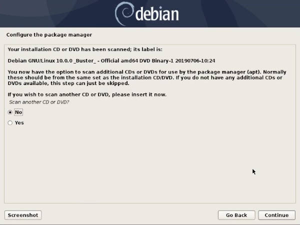 Debian 10 installer requests to scan additional CD/DVD