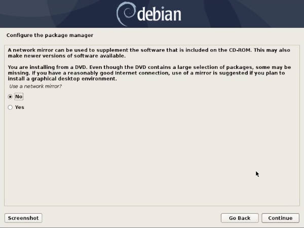 Choose a network mirror in the Debian 10 installer