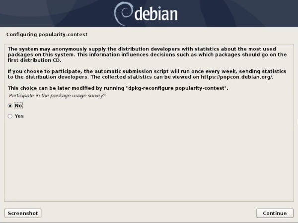 Usage statistics request in the Debian 10 installer
