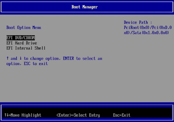 VirtualBox EFI boot menu