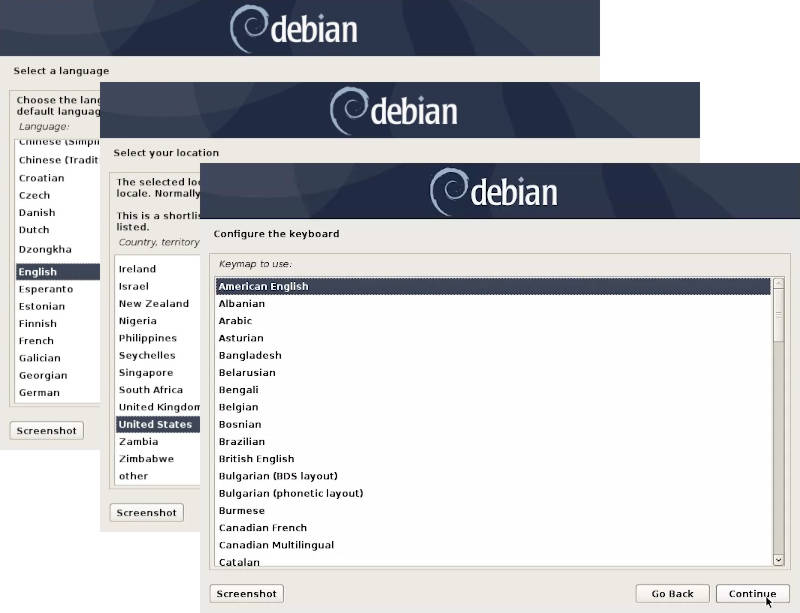 Language, location, keymap screens