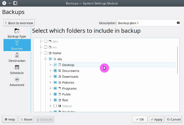 Select folders you want to backup with Kup