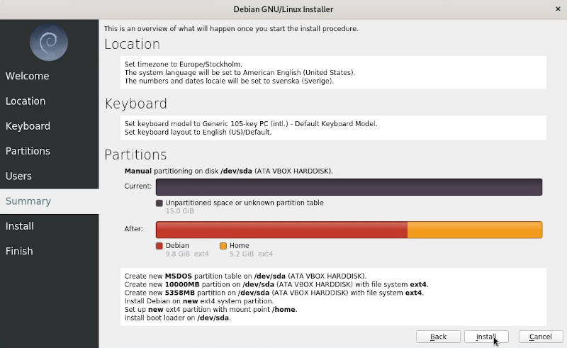 Installation summary in Calamares