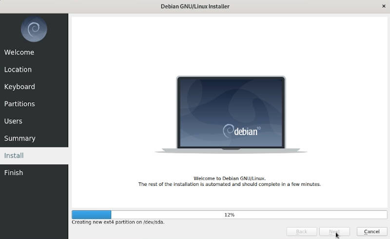 Installation progress screen in Debian's new installer