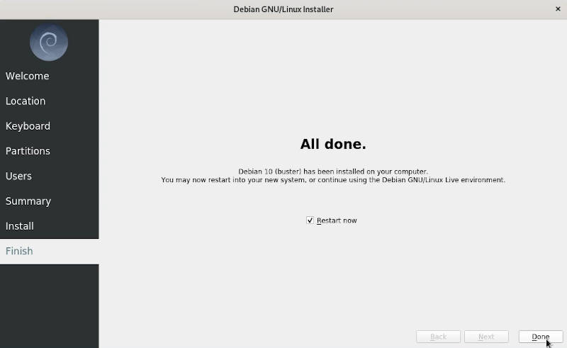 Calamares notifies that the Debian 10 installation has finished