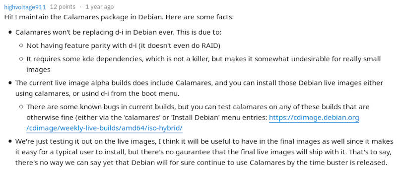 Reddit post regarding Calamares installer in Debian