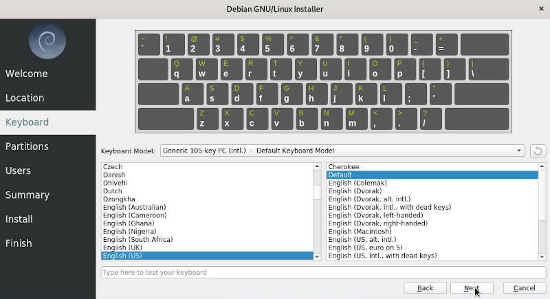 Keyboard screen in Calamares installer