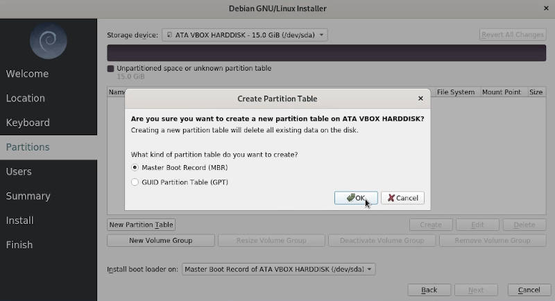 Creating an MBR table with Calamares