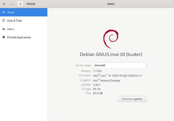 GNOME about screen in Debian 10