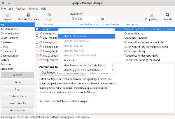 Snapd listed in Synaptic