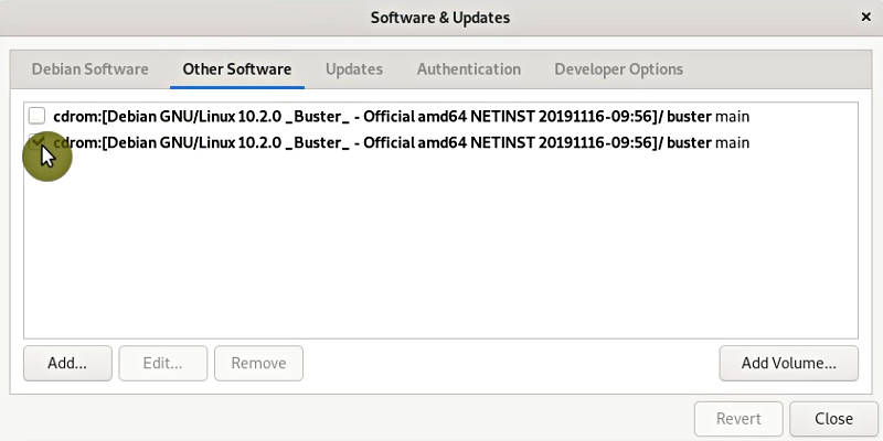 disable CDROM repository in Debian 10