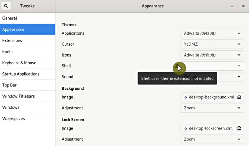 Shell user-theme extension not enabled