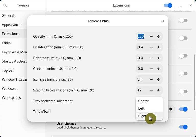 TopIcons Plus settings