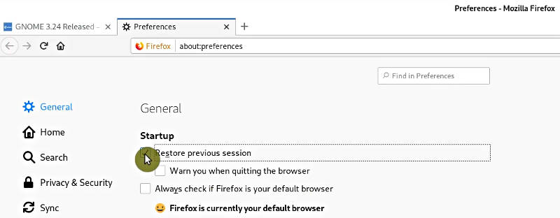 Restore previous session option in Firefox