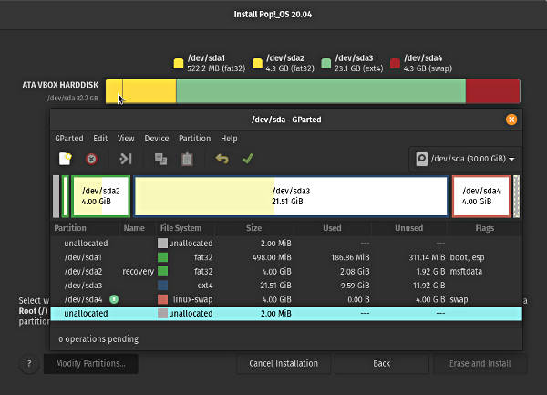 Gparted in Pop!_OS installer