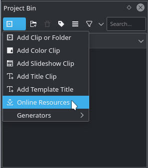 Kdenlive Online resources menu