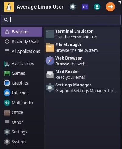 Manjaro XFCE start menu with categories on the left-hand side and apps on the right-hand side.