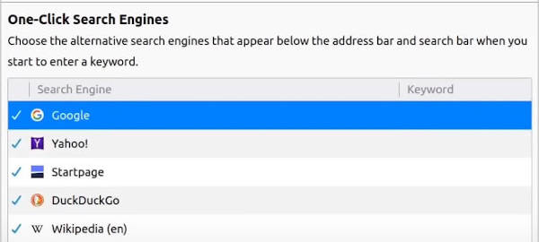 Firefox search engine preferences.