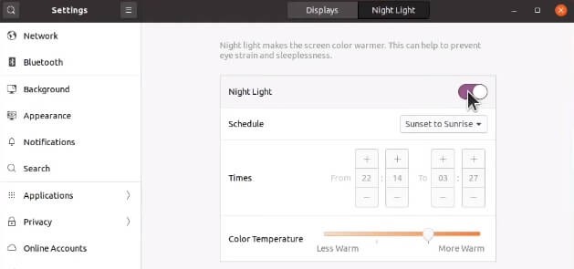 Enabling night light on Ubuntu 20.04/21.04