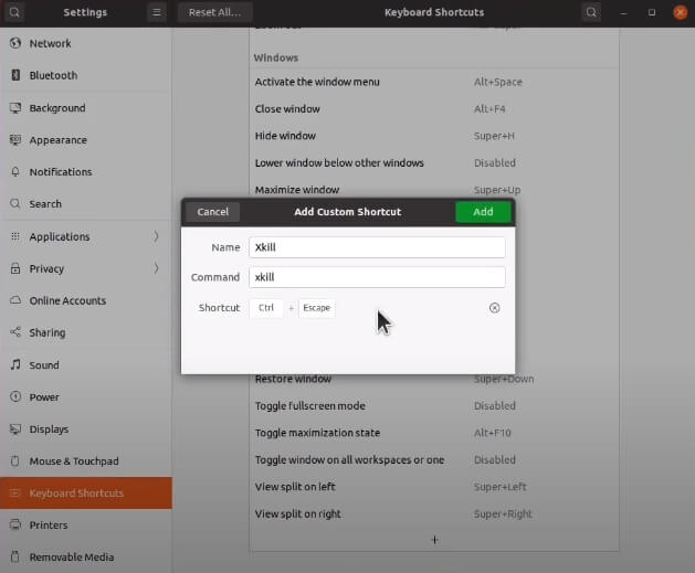 Configuring xkill keyboard shortcut on Ubuntu 20.04/21.04