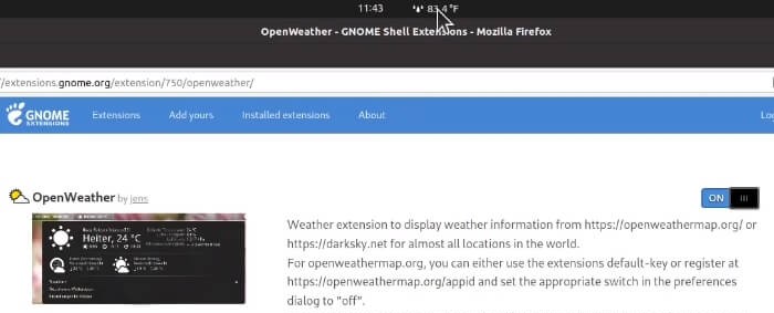 Enabled weather GNOME extension on Ubuntu 20.04/21.04