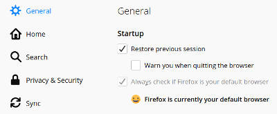 Enabling restore previous sessions in Firefox