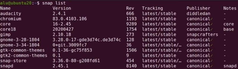 List of installed snaps on Ubuntu 20.04/21.04