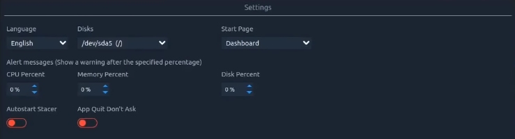 Stacer settings page