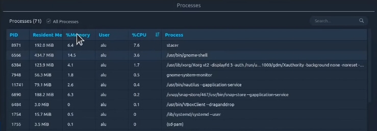 Stacer processes page