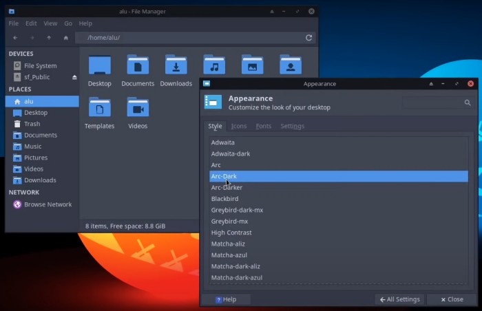 MX Linux desktop look with Arc Dark theme applied