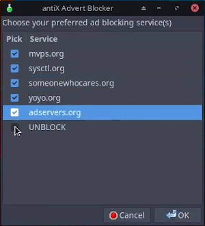 Choosing ad blocking services in MX Linux's Adblock app