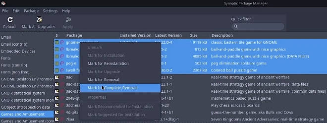 Uninstalling default games on MX Linux via Synaptic package manager