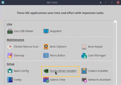 Install NVIDIA drivers entry in MX Tools