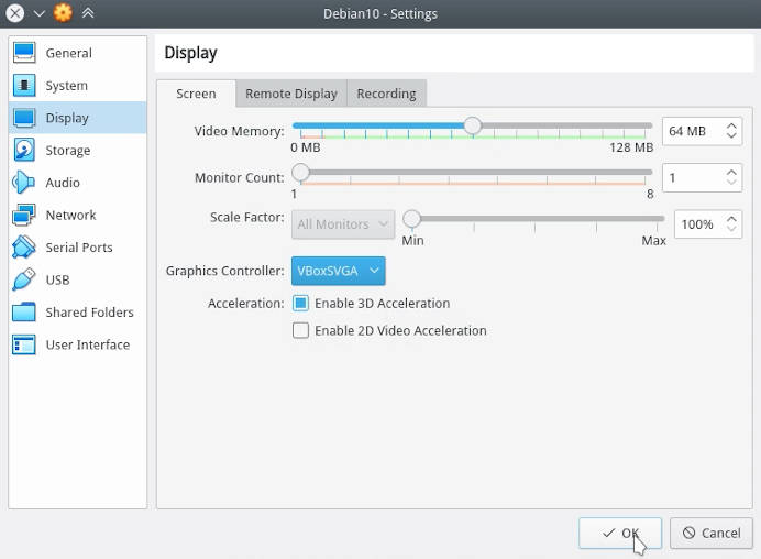 Increasing video memory and enabling 3D and 2D acceleration for virtual machine in Oracle