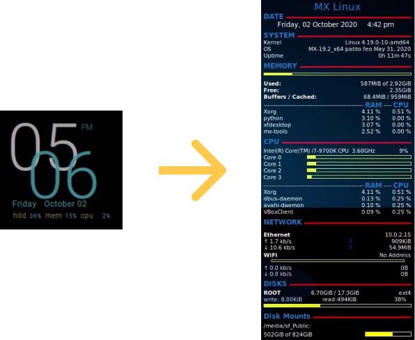 Default MX Linux's clock conky versus short system summary conky