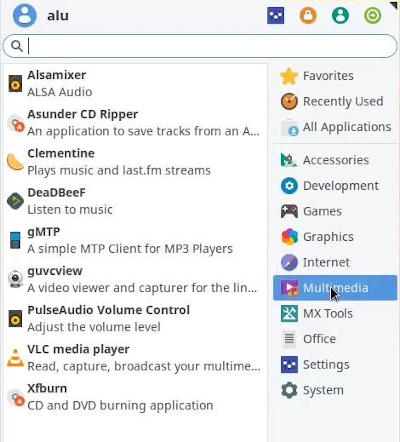 Applications menu on MX Linux