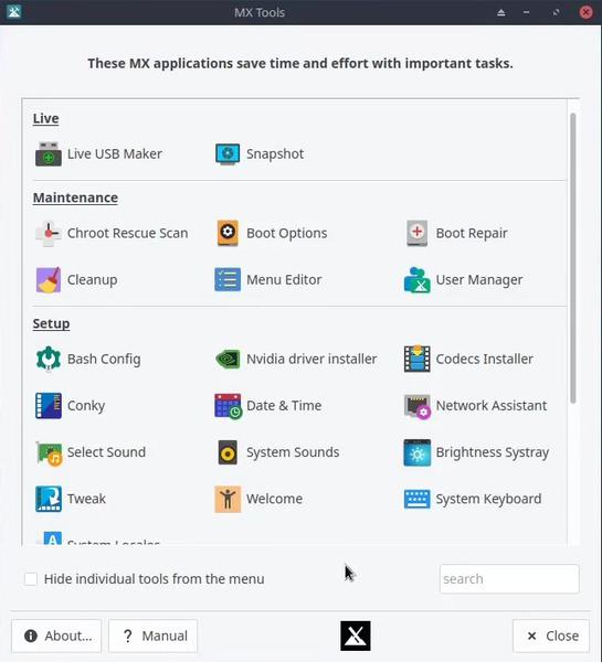 MX Tools system settings app on MX Linux