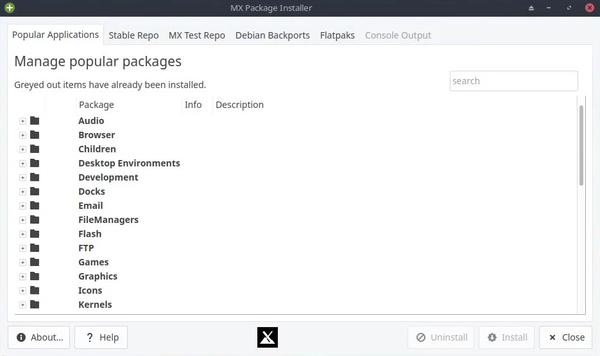 MX Package Installer app on MX Linux