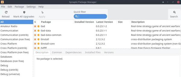 Synaptic package manager app on MX Linux