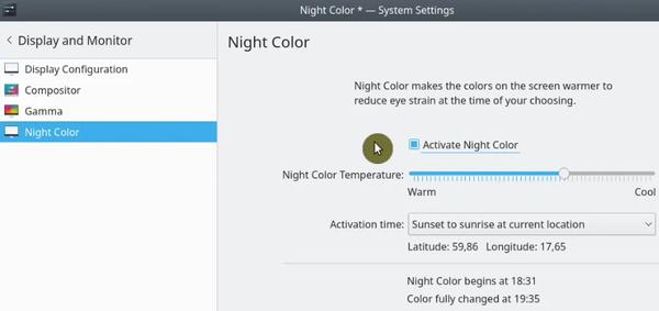 Activating night color in KDE Neon