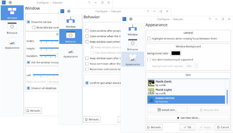 Yakuake appearance settings window