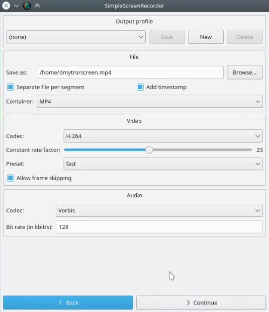 Simple Screen Recorder the second configuration window