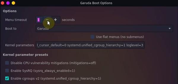 Reducing GRUB menu timeout to 1 on Garuda Linux