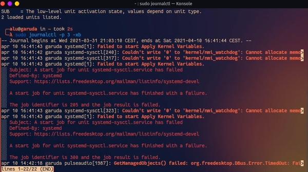 journalctl command output on Garuda Linux