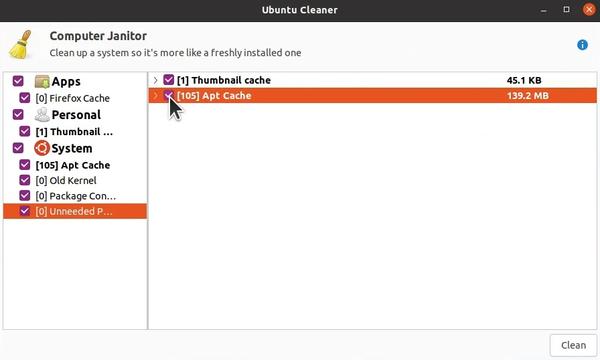 Ubuntu Cleaner on Ubuntu 21.04