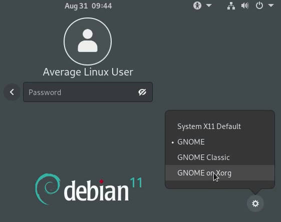 Xorg option at the login screen of Debian 11
