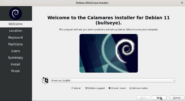 Calamares installer in Debian 11 Live ISO