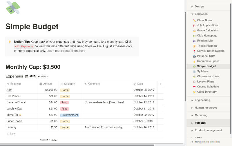 Notion table example in the Simple Budget template